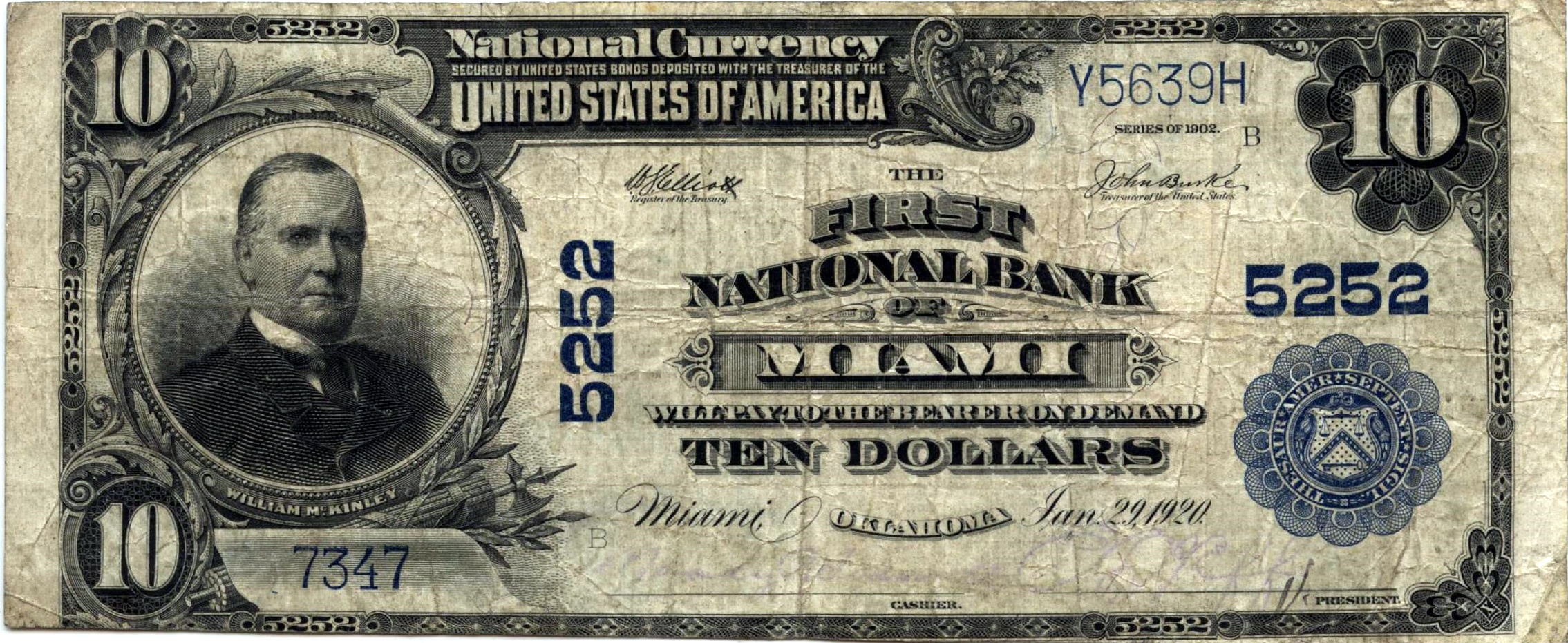 10_dollar_note_1920_first_national_bank Miami, Oklahoma History