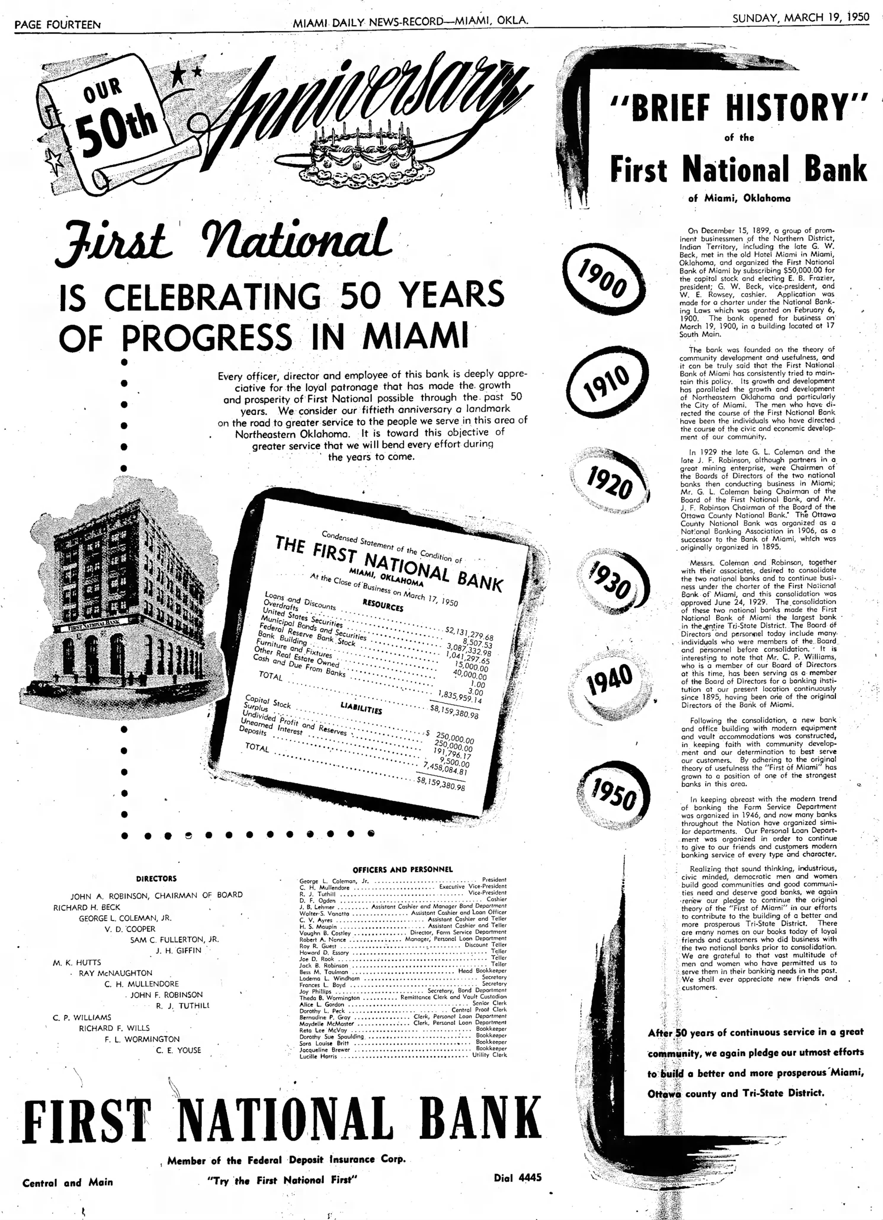 First National Bank History Miami Oklahoma History 2221